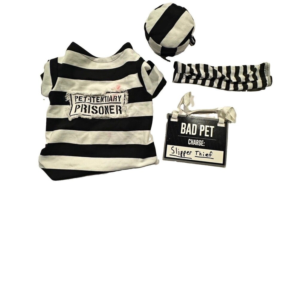 Dog  Black/White Striped Prisoner Convict Costume Complete Outfit w/ Hat Props